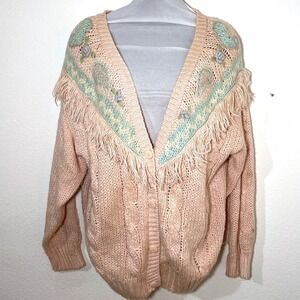 VTG Pink Cottagecore Grandma Coastal Pastel Cable Knit Fringe Cardigan Sweater L